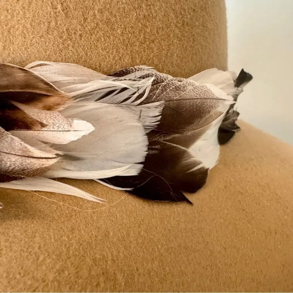 bebe - 100% Wool Tan Floppy Hat with Feather Accents Size: OS